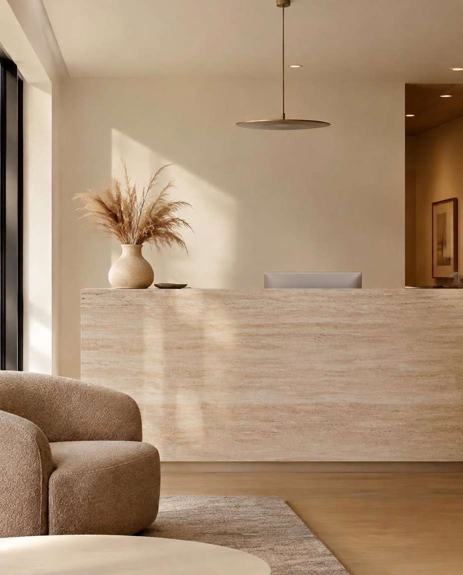 The practice reception with travertine desk and soft daylight